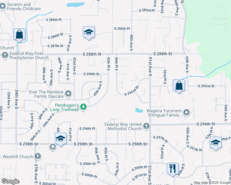 map of restaurants, bars, coffee shops, grocery stores, and more near 29133 46th Place South in Auburn