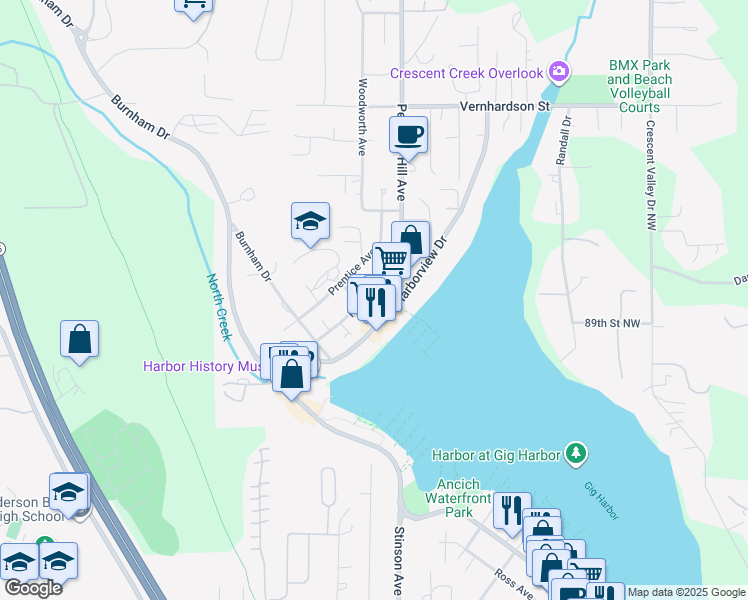 map of restaurants, bars, coffee shops, grocery stores, and more near 8921 Franklin Avenue in Gig Harbor