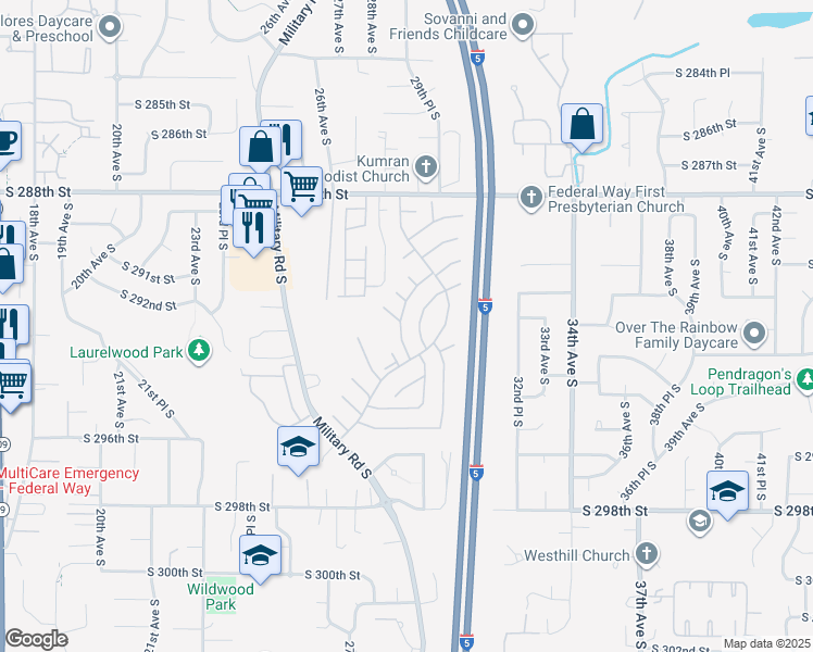 map of restaurants, bars, coffee shops, grocery stores, and more near 3006 South 288th Street in Federal Way