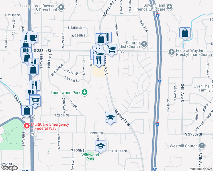 map of restaurants, bars, coffee shops, grocery stores, and more near 29225 Military Road South in Federal Way