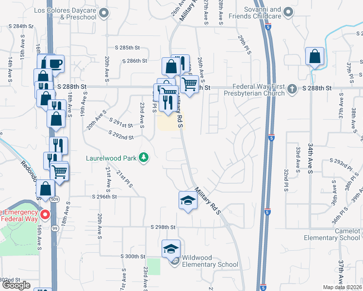 map of restaurants, bars, coffee shops, grocery stores, and more near 29225 Military Road South in Federal Way