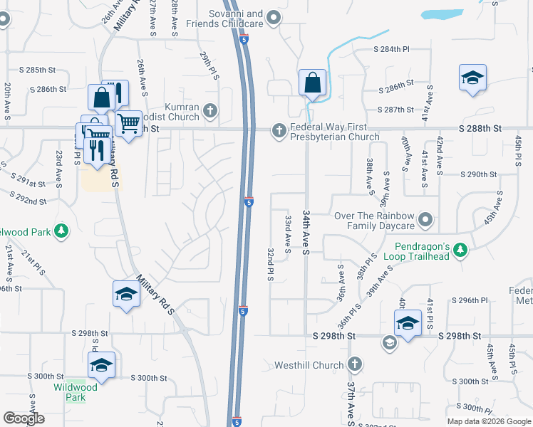 map of restaurants, bars, coffee shops, grocery stores, and more near 29203 32nd Place South in Auburn