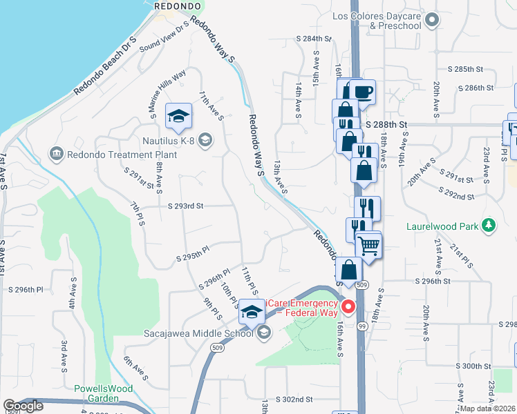 map of restaurants, bars, coffee shops, grocery stores, and more near 29207 13th Place South in Federal Way