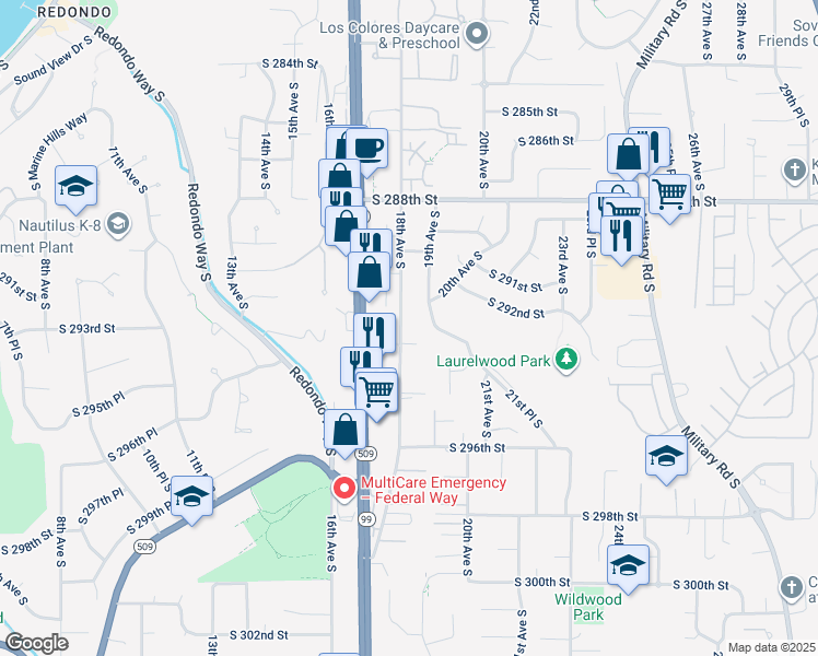 map of restaurants, bars, coffee shops, grocery stores, and more near 29216 18th Avenue South in Federal Way