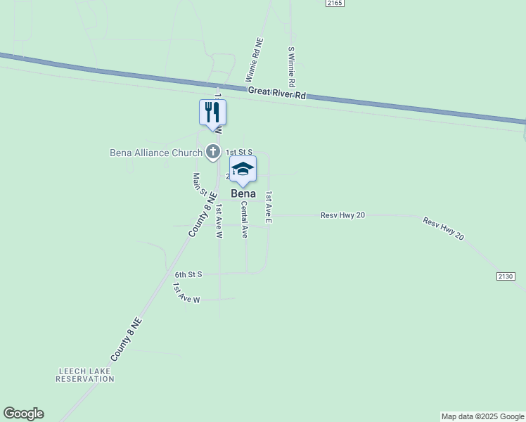 map of restaurants, bars, coffee shops, grocery stores, and more near 311 1st Avenue East in Bena