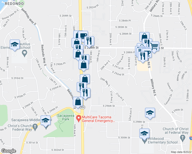 map of restaurants, bars, coffee shops, grocery stores, and more near 29216 18th Avenue South in Federal Way