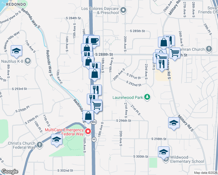 map of restaurants, bars, coffee shops, grocery stores, and more near 29237 20th Way South in Federal Way