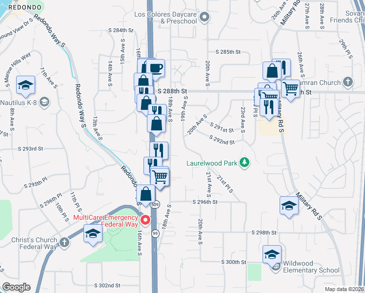 map of restaurants, bars, coffee shops, grocery stores, and more near 29237 20th Way South in Federal Way