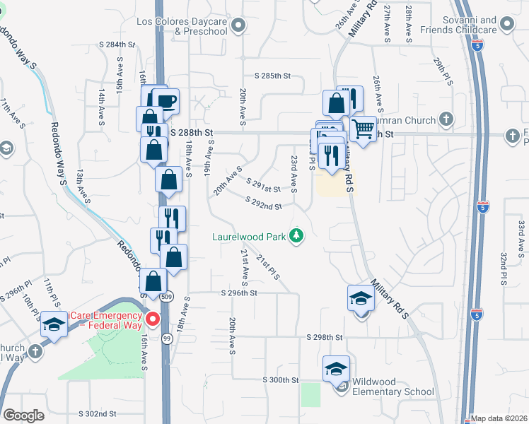 map of restaurants, bars, coffee shops, grocery stores, and more near 2231 South 292nd Street in Federal Way