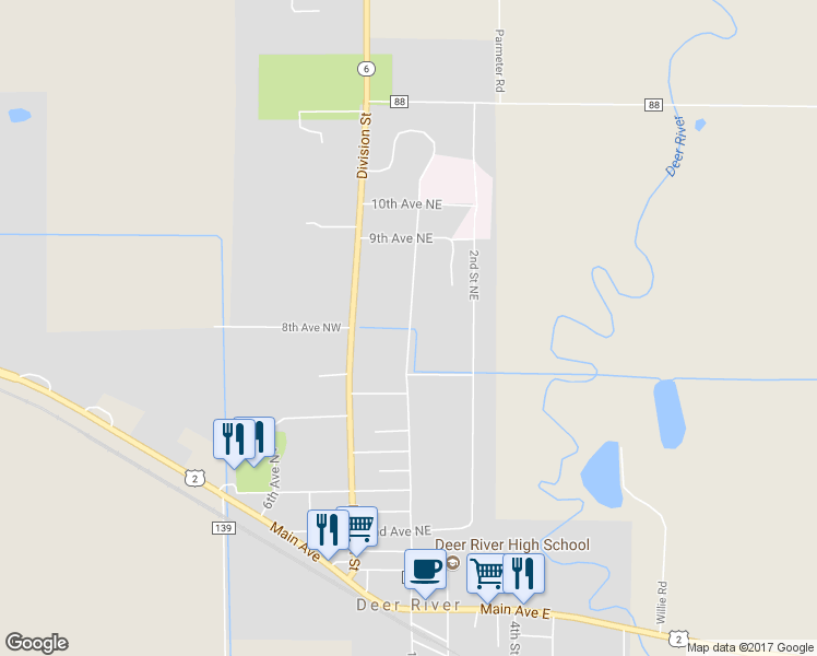 map of restaurants, bars, coffee shops, grocery stores, and more near 709 1st Street Northeast in Deer River