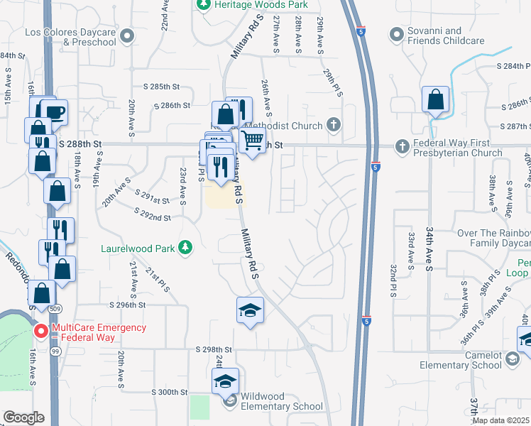 map of restaurants, bars, coffee shops, grocery stores, and more near 29002 Military Road South in Federal Way
