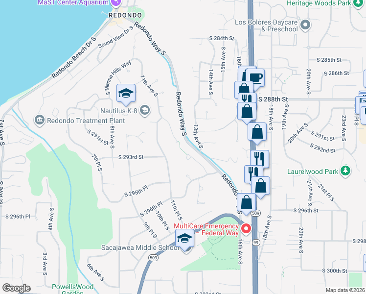 map of restaurants, bars, coffee shops, grocery stores, and more near 29207 13th Place South in Federal Way