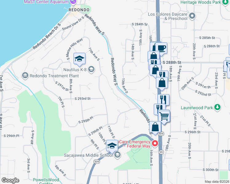 map of restaurants, bars, coffee shops, grocery stores, and more near 29207 13th Place South in Federal Way
