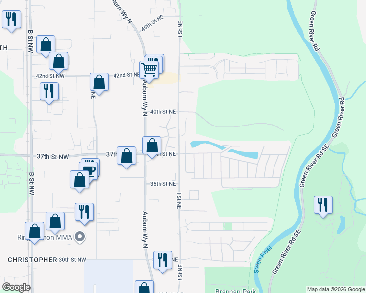 map of restaurants, bars, coffee shops, grocery stores, and more near 3611 I Street Northeast in Auburn