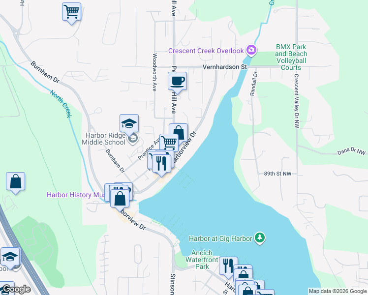 map of restaurants, bars, coffee shops, grocery stores, and more near 9017 North Harborview Drive in Gig Harbor