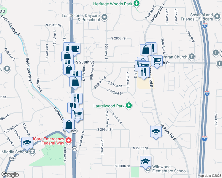 map of restaurants, bars, coffee shops, grocery stores, and more near 2016 South 291st Street in Federal Way