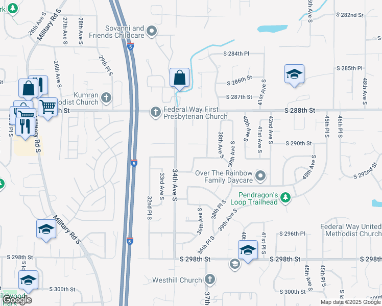 map of restaurants, bars, coffee shops, grocery stores, and more near 3442 South 290th Street in Auburn