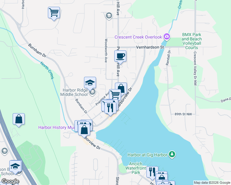 map of restaurants, bars, coffee shops, grocery stores, and more near 9201 Peacock Hill Avenue in Gig Harbor