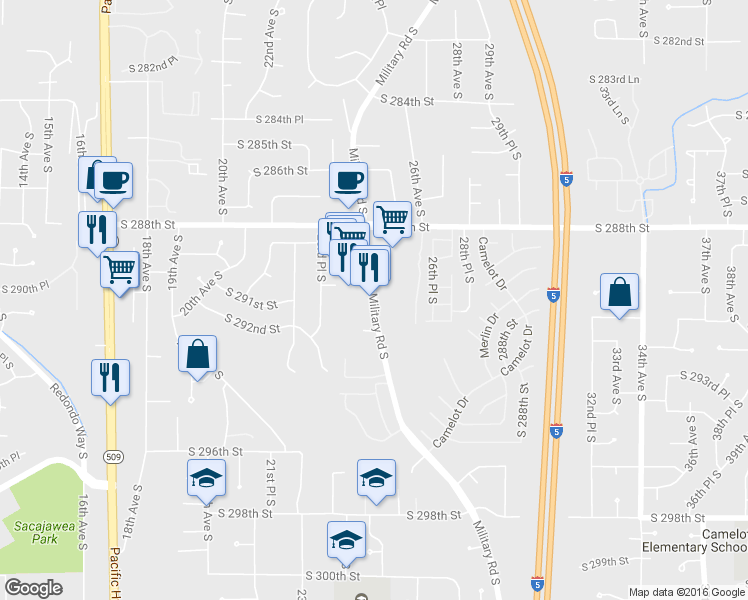 map of restaurants, bars, coffee shops, grocery stores, and more near 29015 Military Rd S in Federal Way