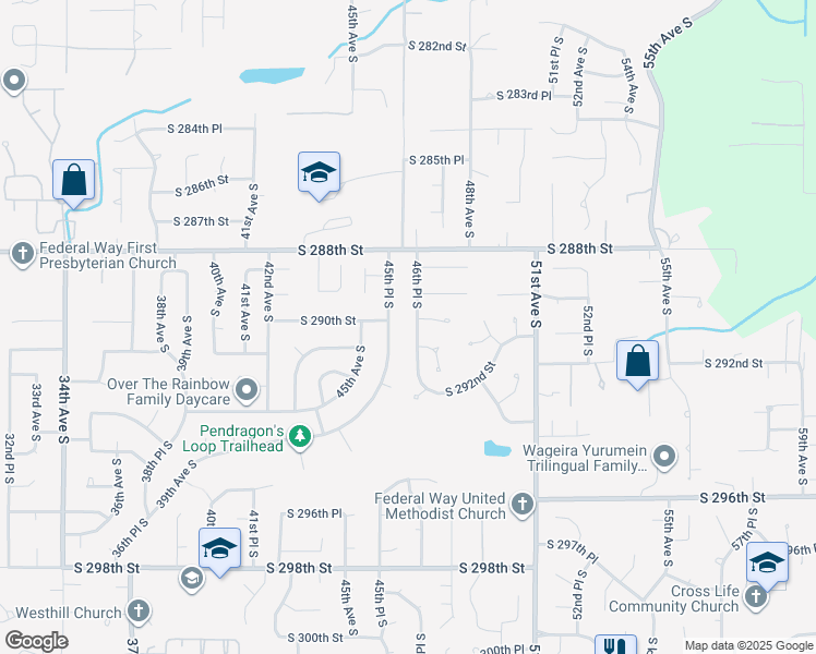 map of restaurants, bars, coffee shops, grocery stores, and more near 29009 46th Place South in Auburn