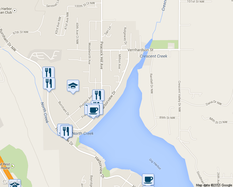 map of restaurants, bars, coffee shops, grocery stores, and more near 9113 North Harborview Drive in Gig Harbor