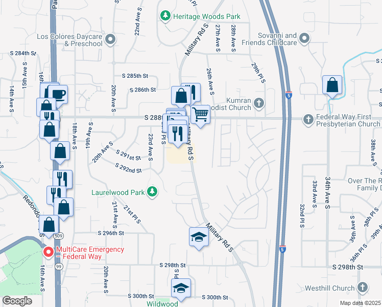 map of restaurants, bars, coffee shops, grocery stores, and more near 29002 Military Road South in Federal Way