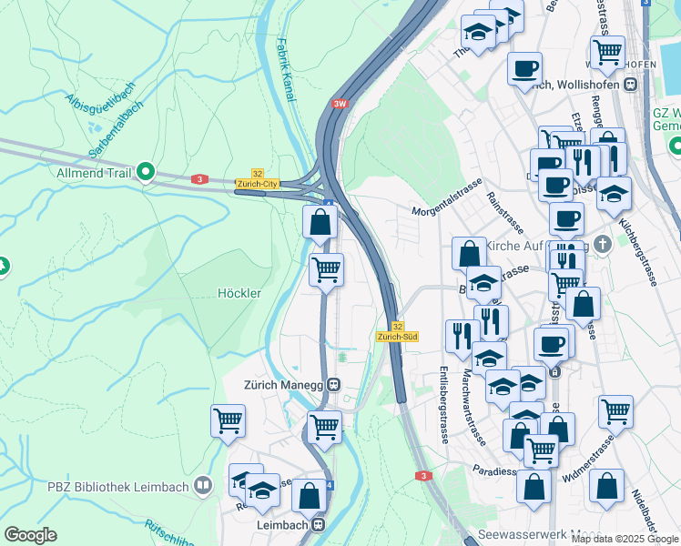 map of restaurants, bars, coffee shops, grocery stores, and more near 33 Maneggstrasse in Zürich
