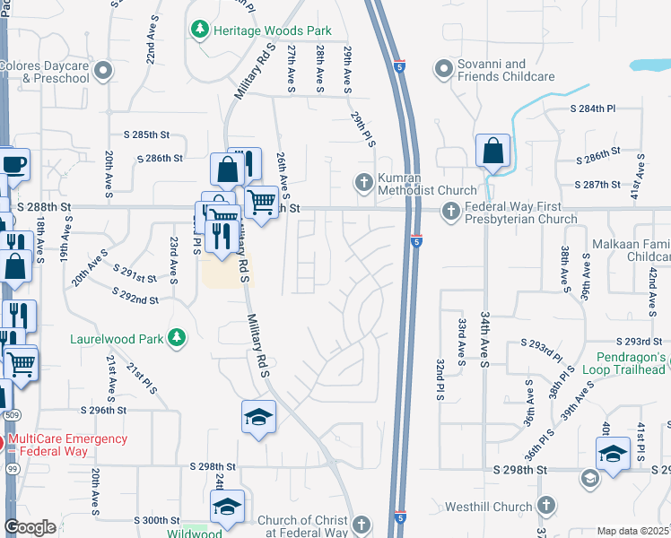 map of restaurants, bars, coffee shops, grocery stores, and more near 29006 28th Place South in Federal Way