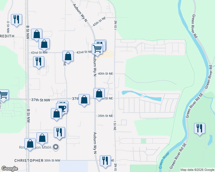 map of restaurants, bars, coffee shops, grocery stores, and more near 3740 H Street Northeast in Auburn
