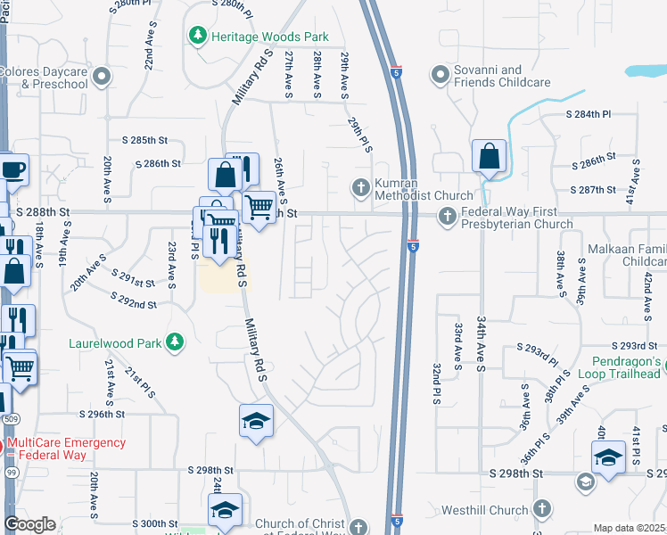 map of restaurants, bars, coffee shops, grocery stores, and more near 29006 28th Place South in Federal Way