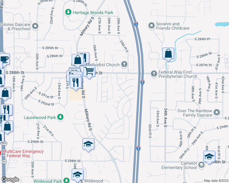 map of restaurants, bars, coffee shops, grocery stores, and more near 28932 28th Place South in Federal Way