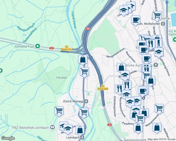 map of restaurants, bars, coffee shops, grocery stores, and more near 33 Maneggstrasse in Zürich