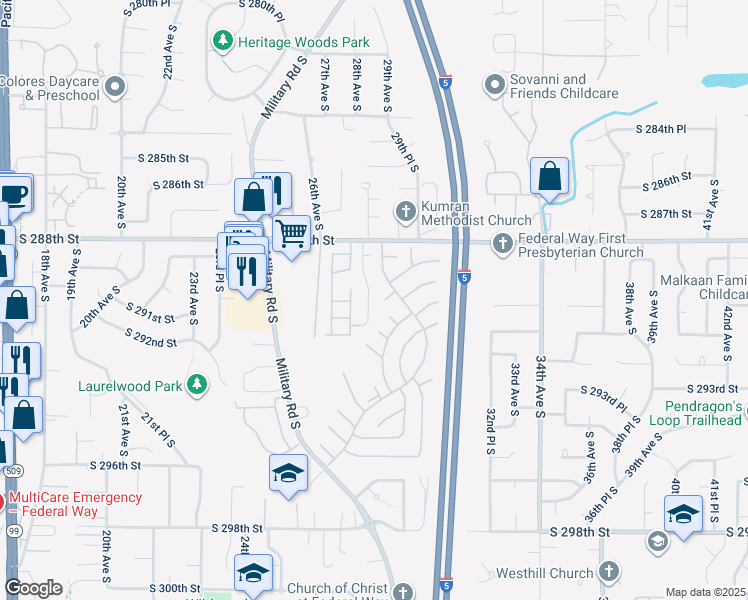 map of restaurants, bars, coffee shops, grocery stores, and more near 29006 28th Place South in Federal Way