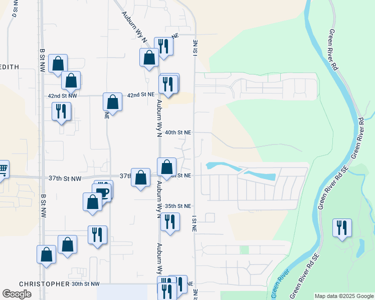 map of restaurants, bars, coffee shops, grocery stores, and more near 3802 H Street Northeast in Auburn