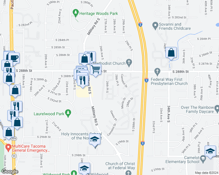 map of restaurants, bars, coffee shops, grocery stores, and more near 2611 South 288th Street in Federal Way