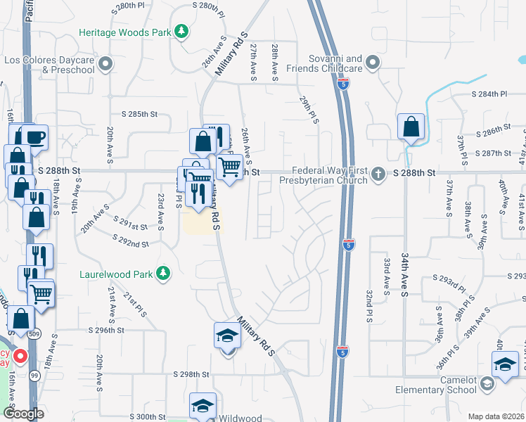 map of restaurants, bars, coffee shops, grocery stores, and more near 2611 South 288th Street in Federal Way