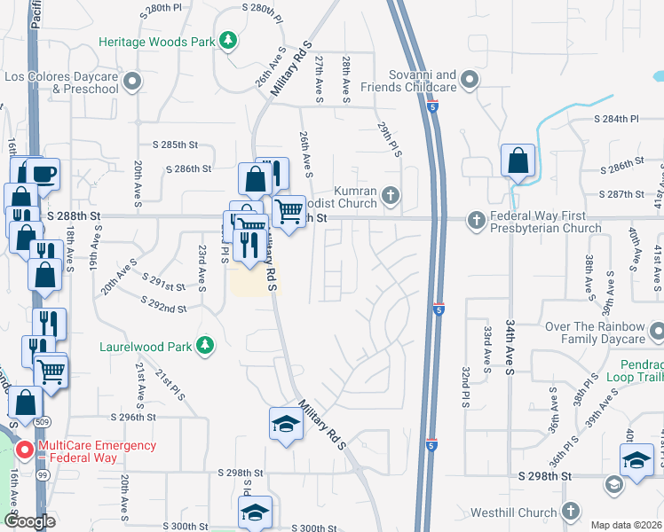 map of restaurants, bars, coffee shops, grocery stores, and more near 2611 South 288th Street in Federal Way