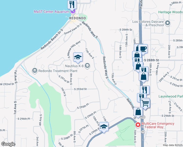 map of restaurants, bars, coffee shops, grocery stores, and more near 1029 South 289th Street in Federal Way