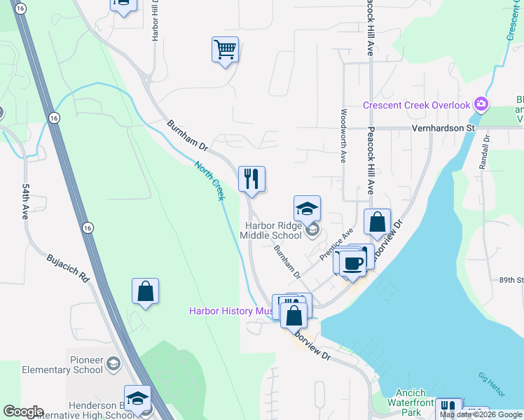 map of restaurants, bars, coffee shops, grocery stores, and more near 4225 Harborview Drive in Gig Harbor