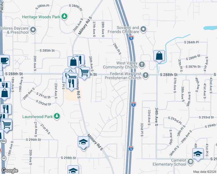 map of restaurants, bars, coffee shops, grocery stores, and more near 29006 28th Place South in Federal Way