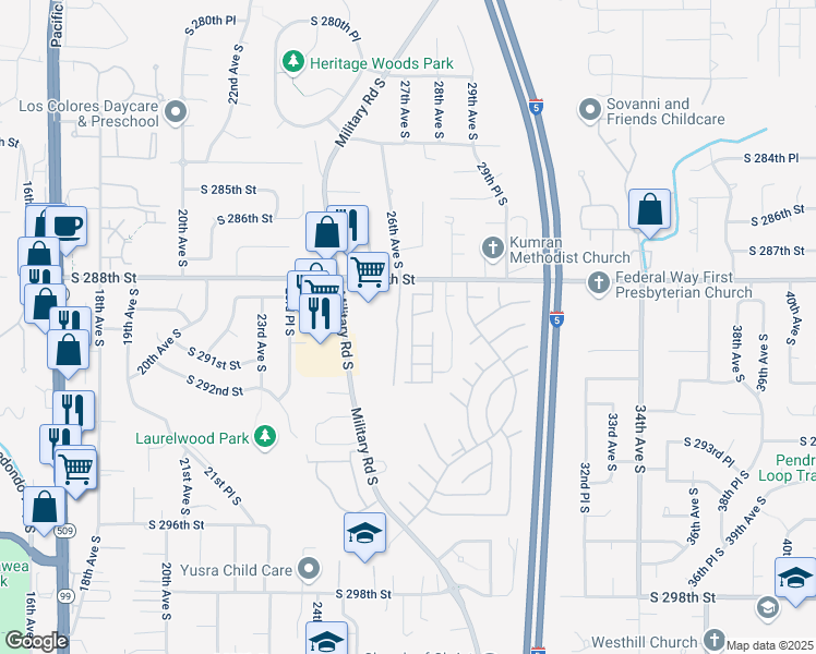 map of restaurants, bars, coffee shops, grocery stores, and more near 2611 South 288th Street in Federal Way