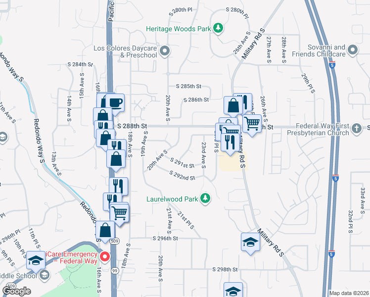 map of restaurants, bars, coffee shops, grocery stores, and more near 28856 22nd Avenue South in Federal Way