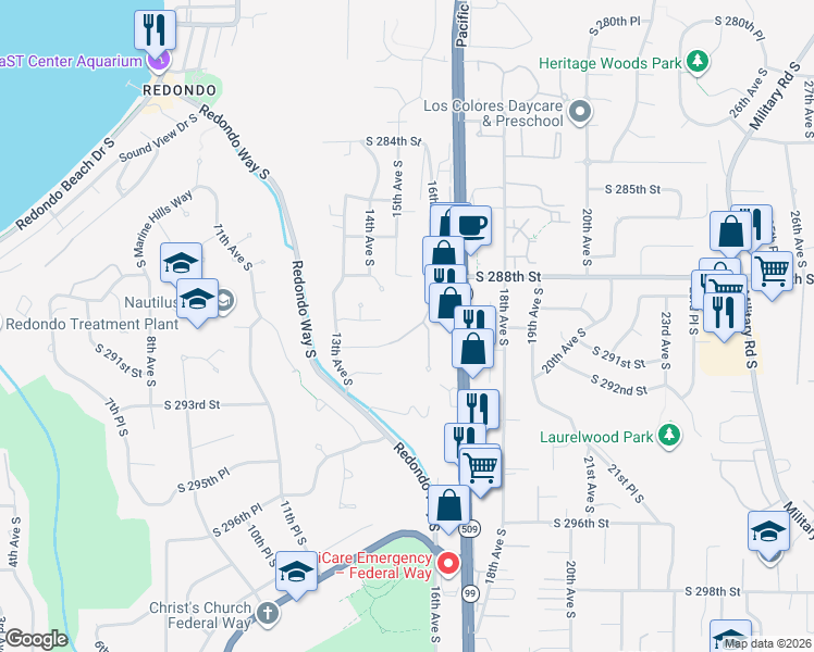 map of restaurants, bars, coffee shops, grocery stores, and more near 1407 South 290th Place in Federal Way