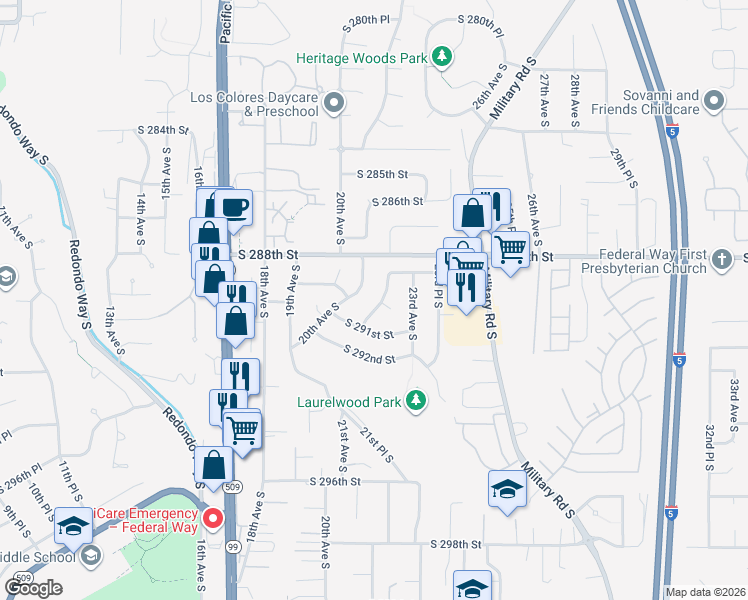 map of restaurants, bars, coffee shops, grocery stores, and more near 28856 22nd Avenue South in Federal Way