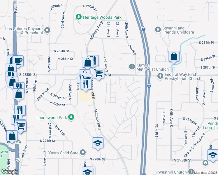 map of restaurants, bars, coffee shops, grocery stores, and more near 2611 South 288th Street in Federal Way