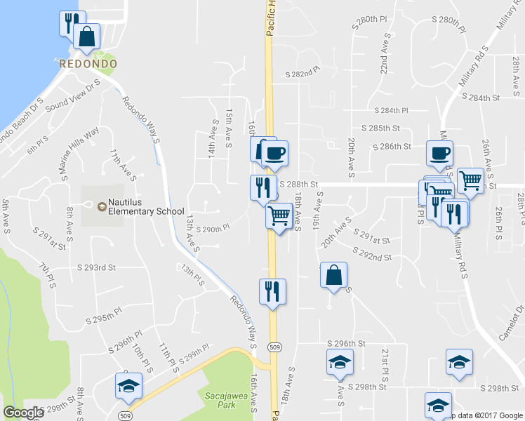 map of restaurants, bars, coffee shops, grocery stores, and more near 28835 Pacific Highway South in Federal Way