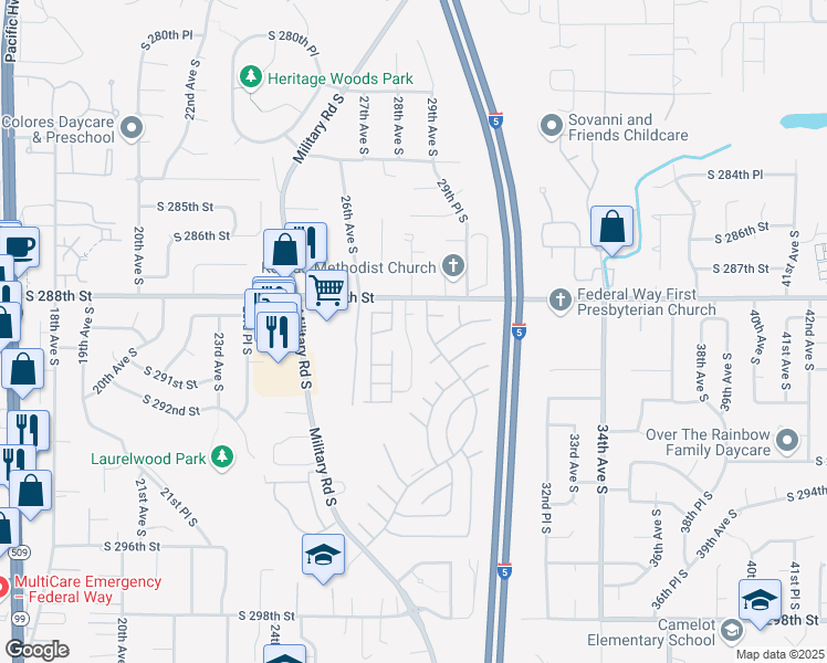 map of restaurants, bars, coffee shops, grocery stores, and more near 28808 28th Place South in Federal Way