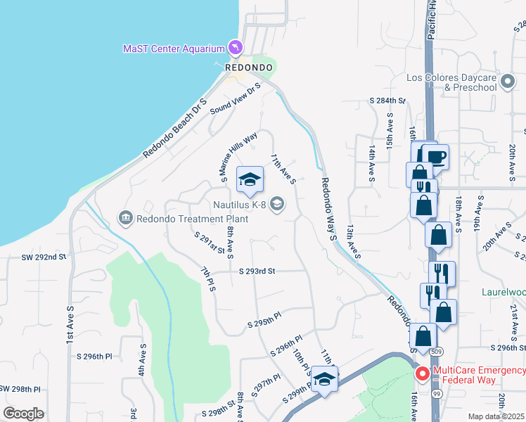 map of restaurants, bars, coffee shops, grocery stores, and more near 1000 South 289th Street in Federal Way