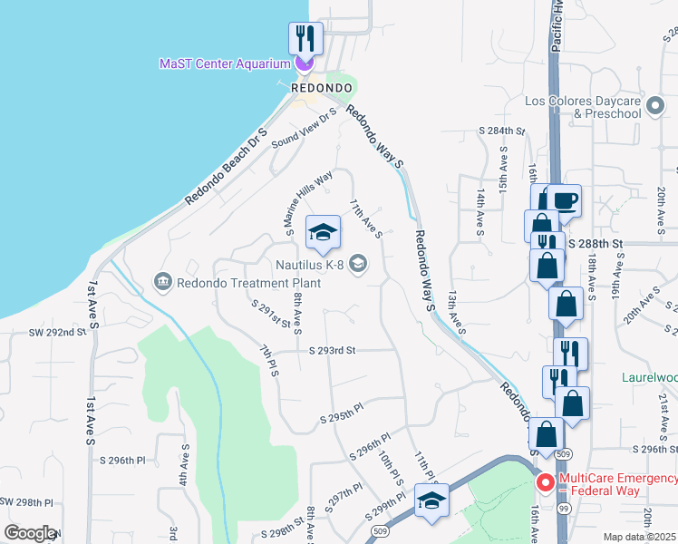 map of restaurants, bars, coffee shops, grocery stores, and more near 1000 South 289th Street in Federal Way