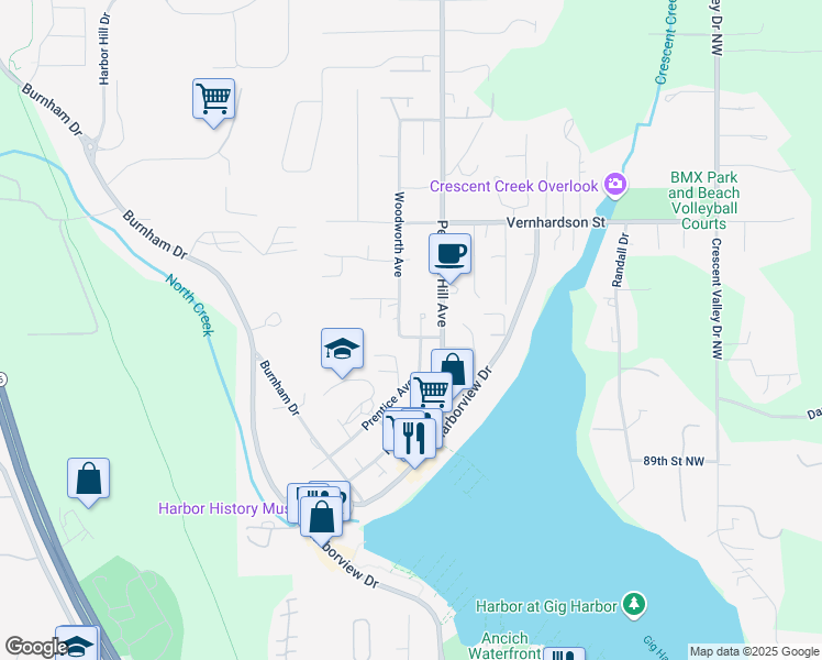map of restaurants, bars, coffee shops, grocery stores, and more near 9311 Woodworth Avenue in Gig Harbor